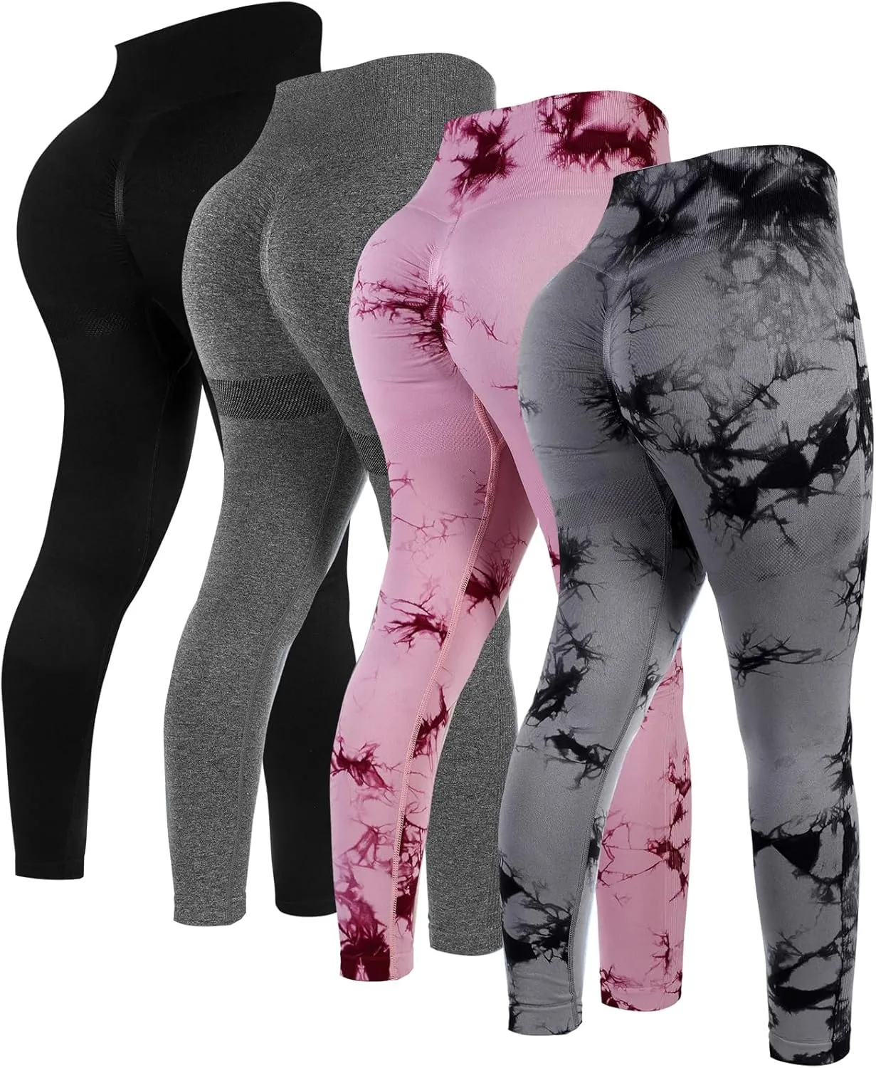 4 Pcs Womens Workout Leggings Tie Dye High Waisted Yoga Pants Seamless Scrunch Butt Lifting Compression Tights