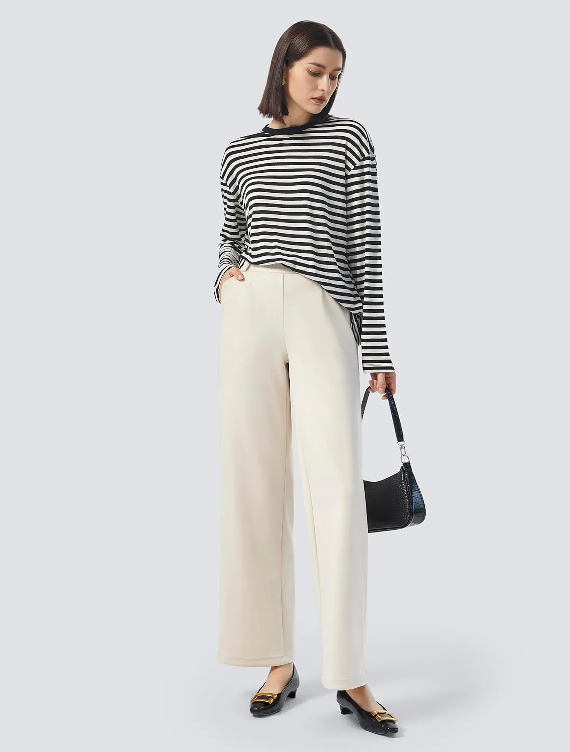 AFITNE Womens Wide Leg Work Pants High Waist Pull On Dress Pants Elastic Waistband Casual Slacks with Thick Fabric