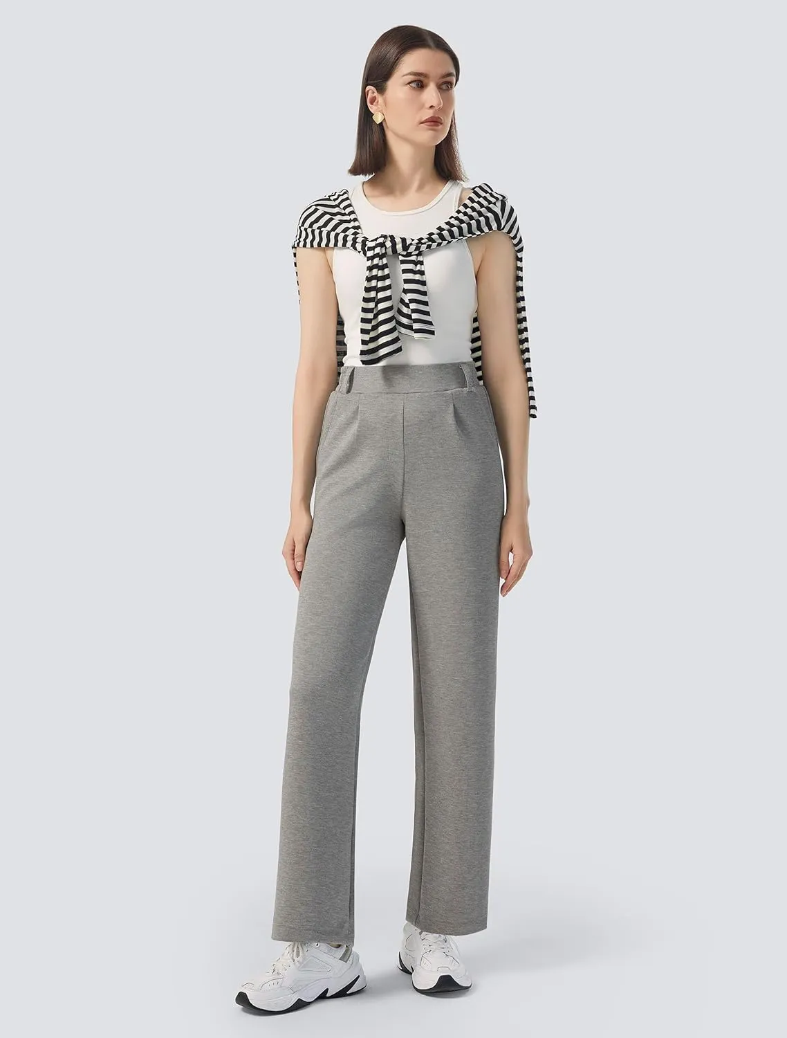 AFITNE Womens Wide Leg Work Pants High Waist Pull On Dress Pants Elastic Waistband Casual Slacks with Thick Fabric