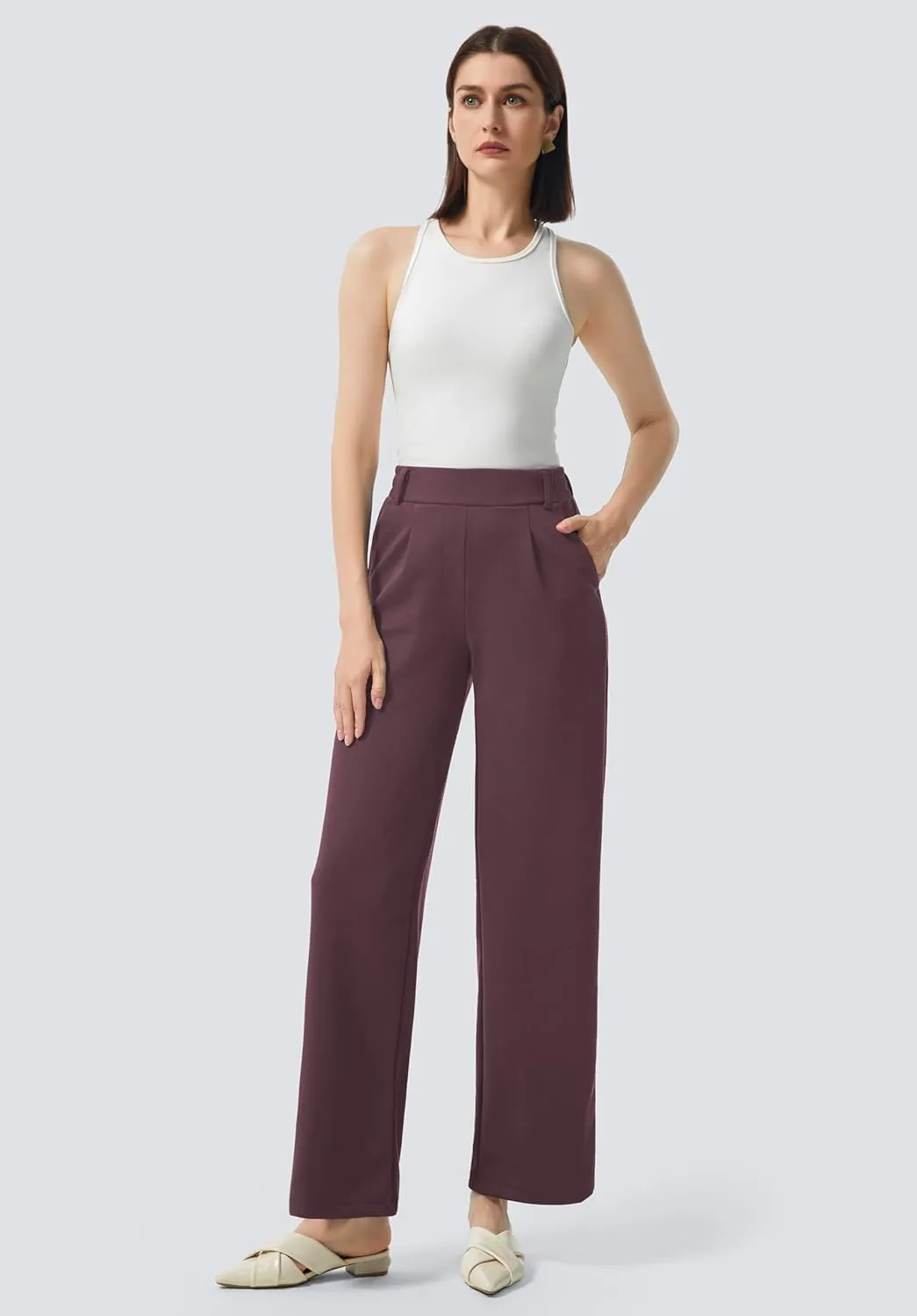 AFITNE Womens Wide Leg Work Pants High Waist Pull On Dress Pants Elastic Waistband Casual Slacks with Thick Fabric