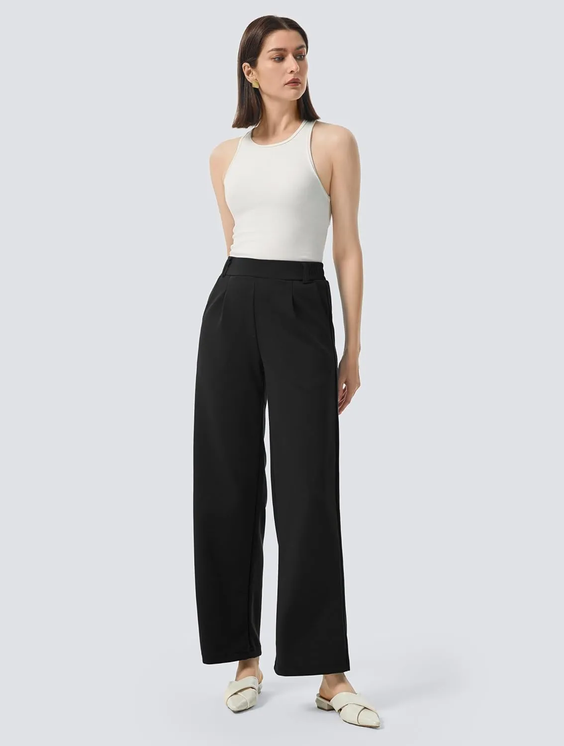 AFITNE Womens Wide Leg Work Pants High Waist Pull On Dress Pants Elastic Waistband Casual Slacks with Thick Fabric