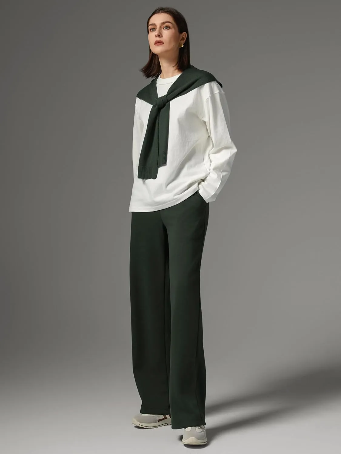 AFITNE Womens Wide Leg Work Pants High Waist Pull On Dress Pants Elastic Waistband Casual Slacks with Thick Fabric