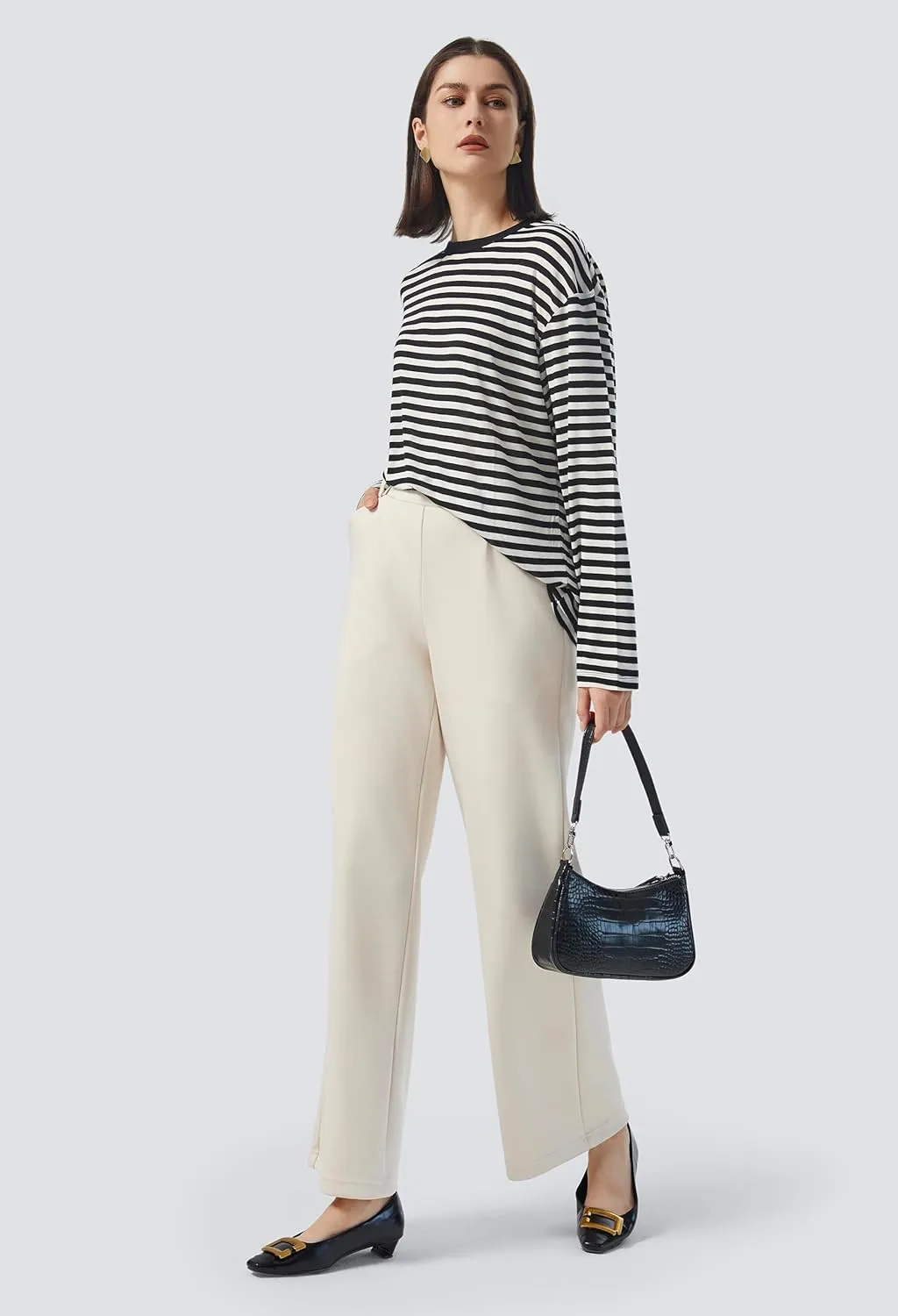 AFITNE Womens Wide Leg Work Pants High Waist Pull On Dress Pants Elastic Waistband Casual Slacks with Thick Fabric