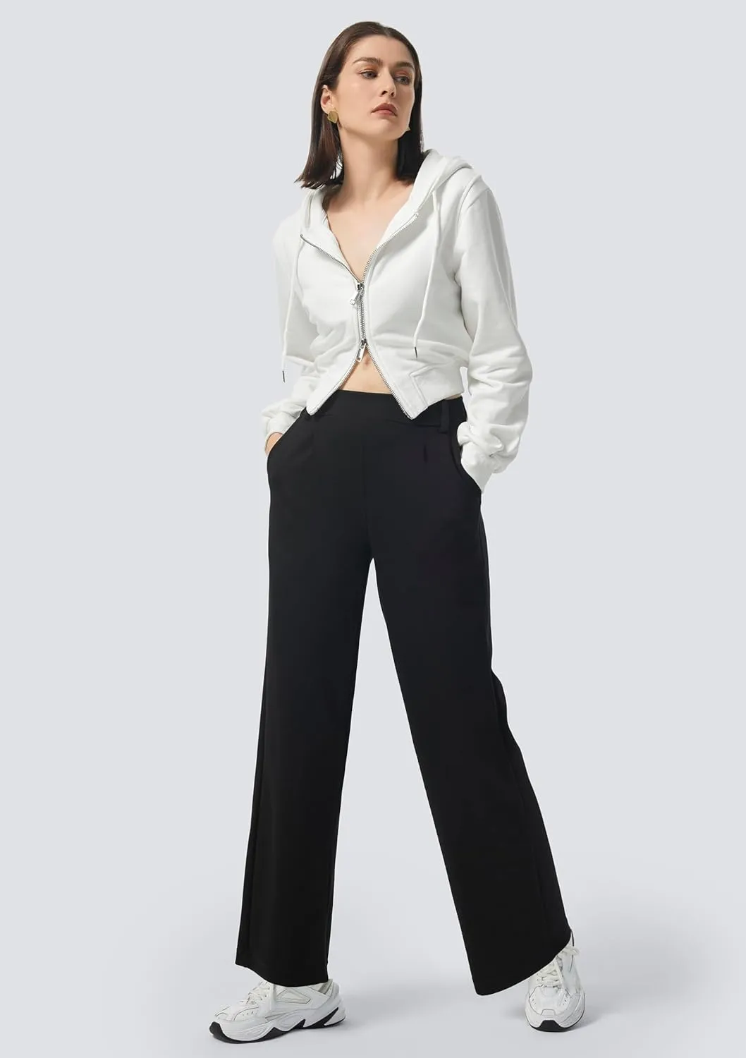AFITNE Womens Wide Leg Work Pants High Waist Pull On Dress Pants Elastic Waistband Casual Slacks with Thick Fabric