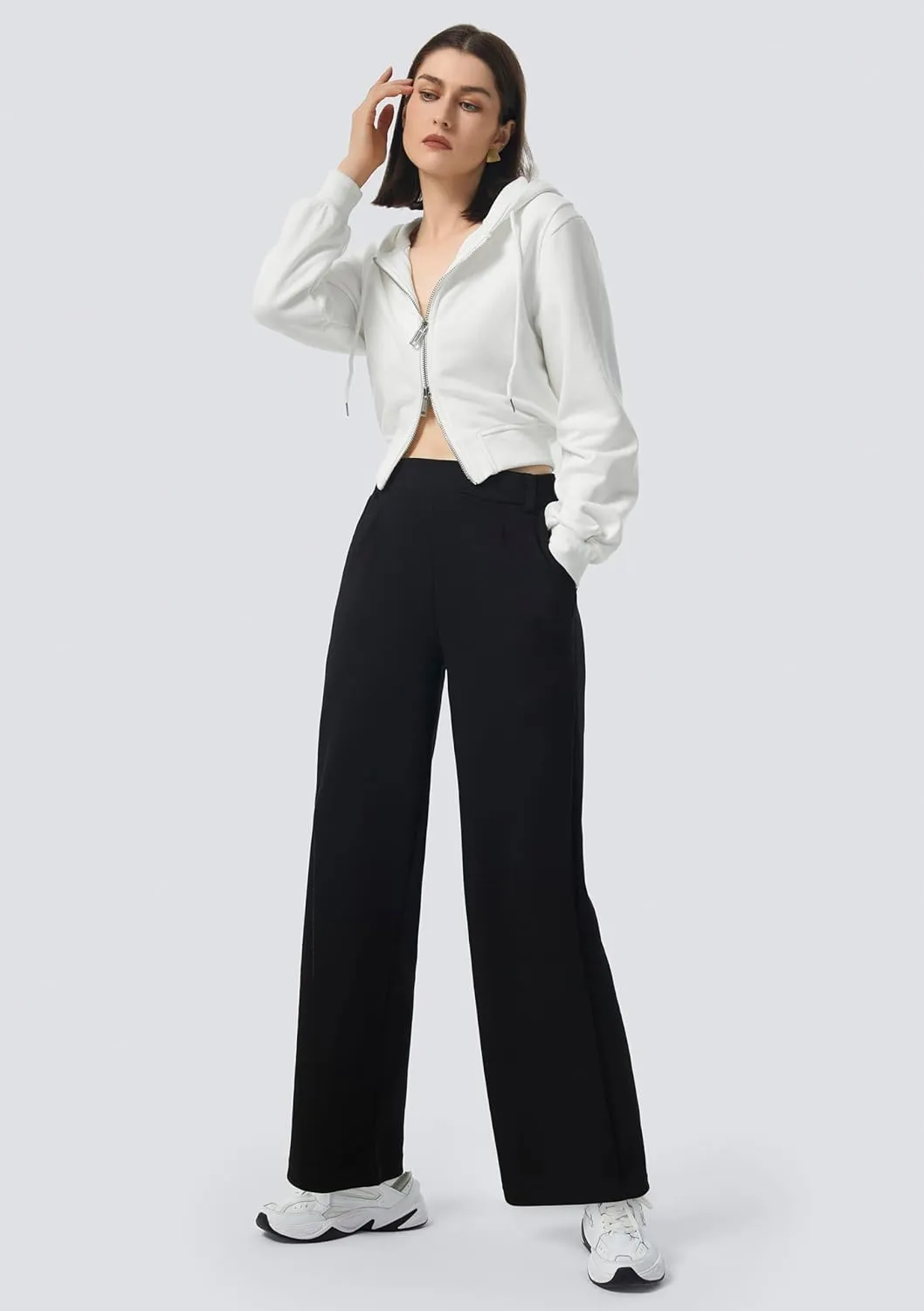 AFITNE Womens Wide Leg Work Pants High Waist Pull On Dress Pants Elastic Waistband Casual Slacks with Thick Fabric