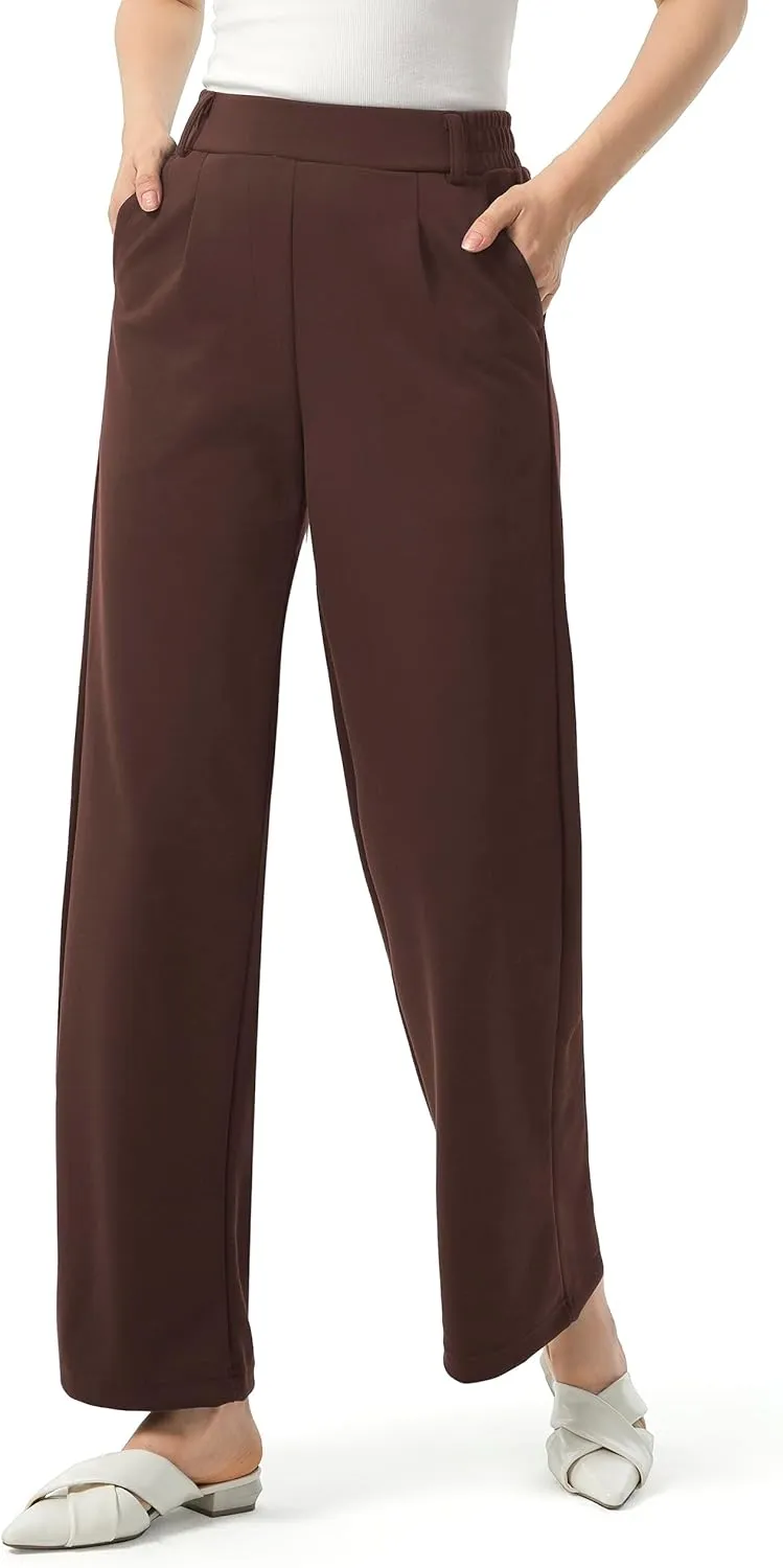 AFITNE Womens Wide Leg Work Pants High Waist Pull On Dress Pants Elastic Waistband Casual Slacks with Thick Fabric