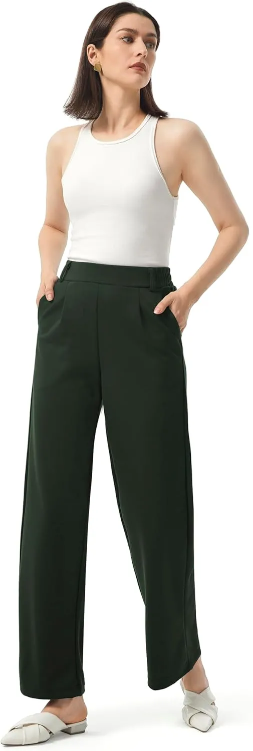 AFITNE Womens Wide Leg Work Pants High Waist Pull On Dress Pants Elastic Waistband Casual Slacks with Thick Fabric