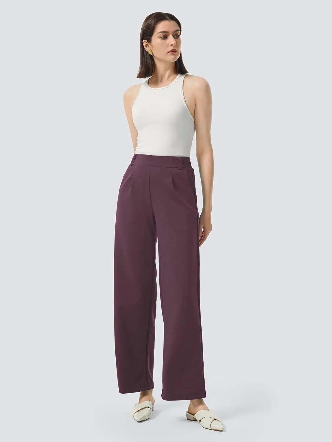AFITNE Womens Wide Leg Work Pants High Waist Pull On Dress Pants Elastic Waistband Casual Slacks with Thick Fabric