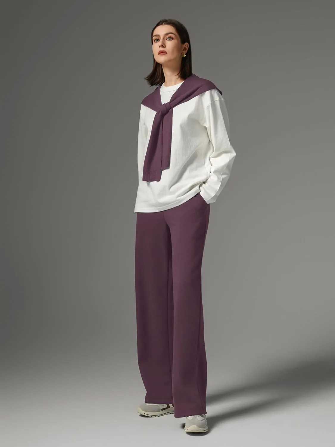AFITNE Womens Wide Leg Work Pants High Waist Pull On Dress Pants Elastic Waistband Casual Slacks with Thick Fabric