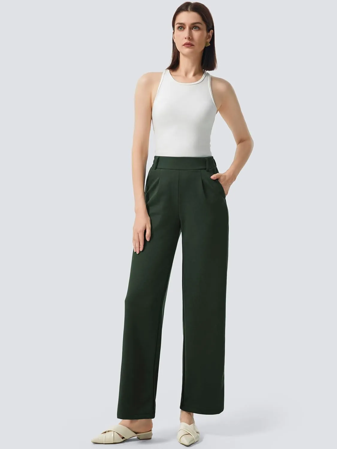AFITNE Womens Wide Leg Work Pants High Waist Pull On Dress Pants Elastic Waistband Casual Slacks with Thick Fabric
