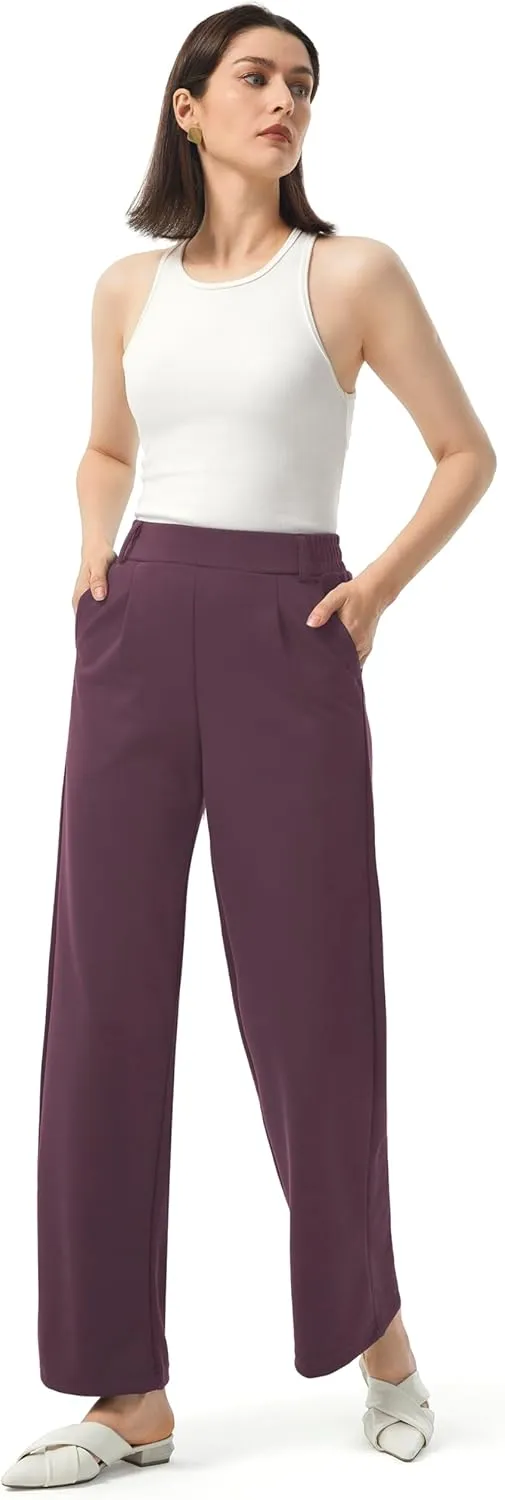 AFITNE Womens Wide Leg Work Pants High Waist Pull On Dress Pants Elastic Waistband Casual Slacks with Thick Fabric