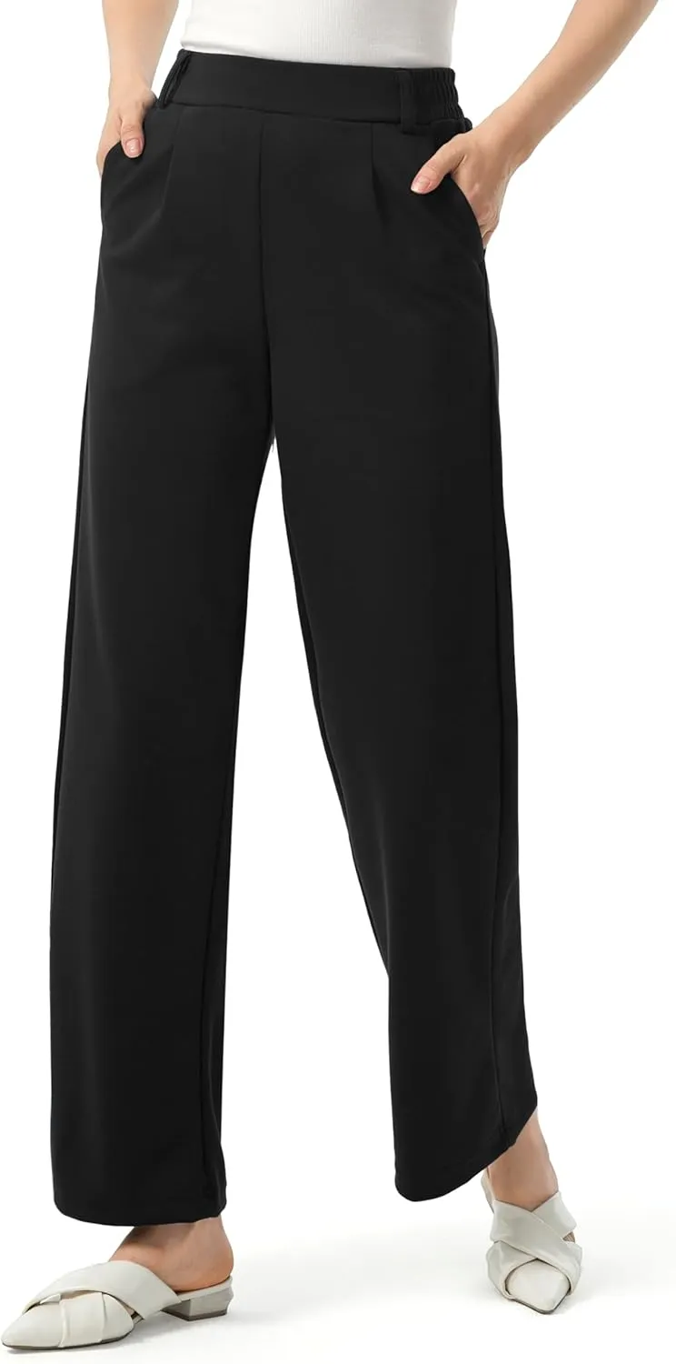 AFITNE Womens Wide Leg Work Pants High Waist Pull On Dress Pants Elastic Waistband Casual Slacks with Thick Fabric