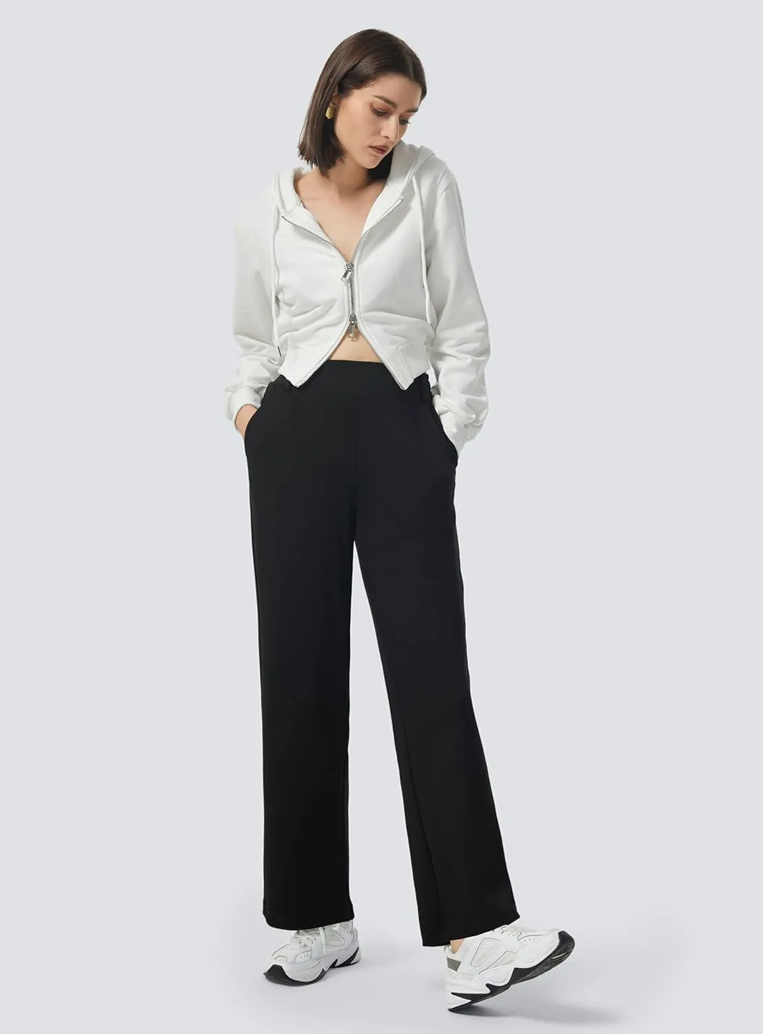 AFITNE Womens Wide Leg Work Pants High Waist Pull On Dress Pants Elastic Waistband Casual Slacks with Thick Fabric