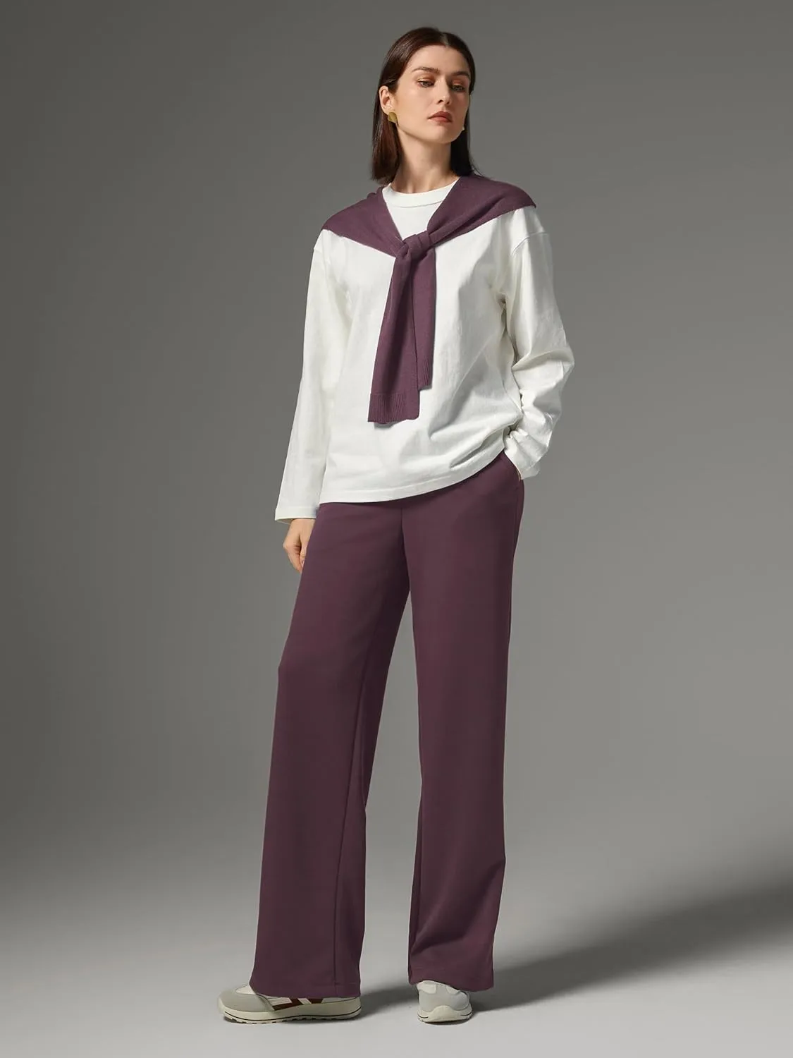 AFITNE Womens Wide Leg Work Pants High Waist Pull On Dress Pants Elastic Waistband Casual Slacks with Thick Fabric