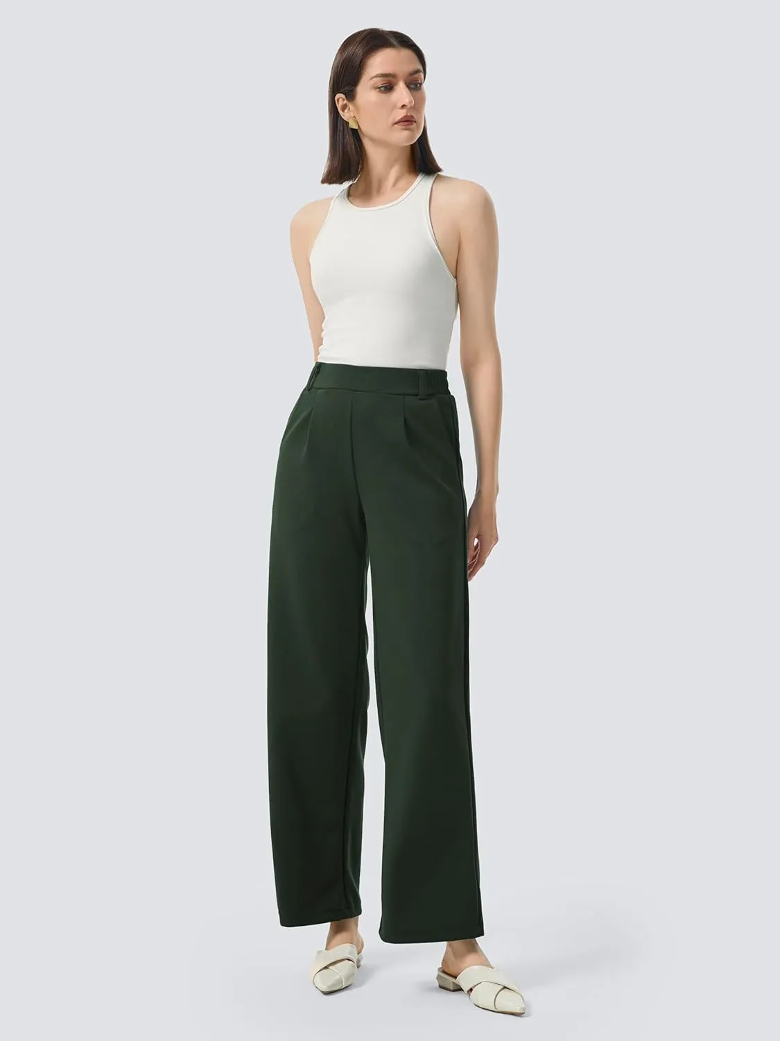 AFITNE Womens Wide Leg Work Pants High Waist Pull On Dress Pants Elastic Waistband Casual Slacks with Thick Fabric