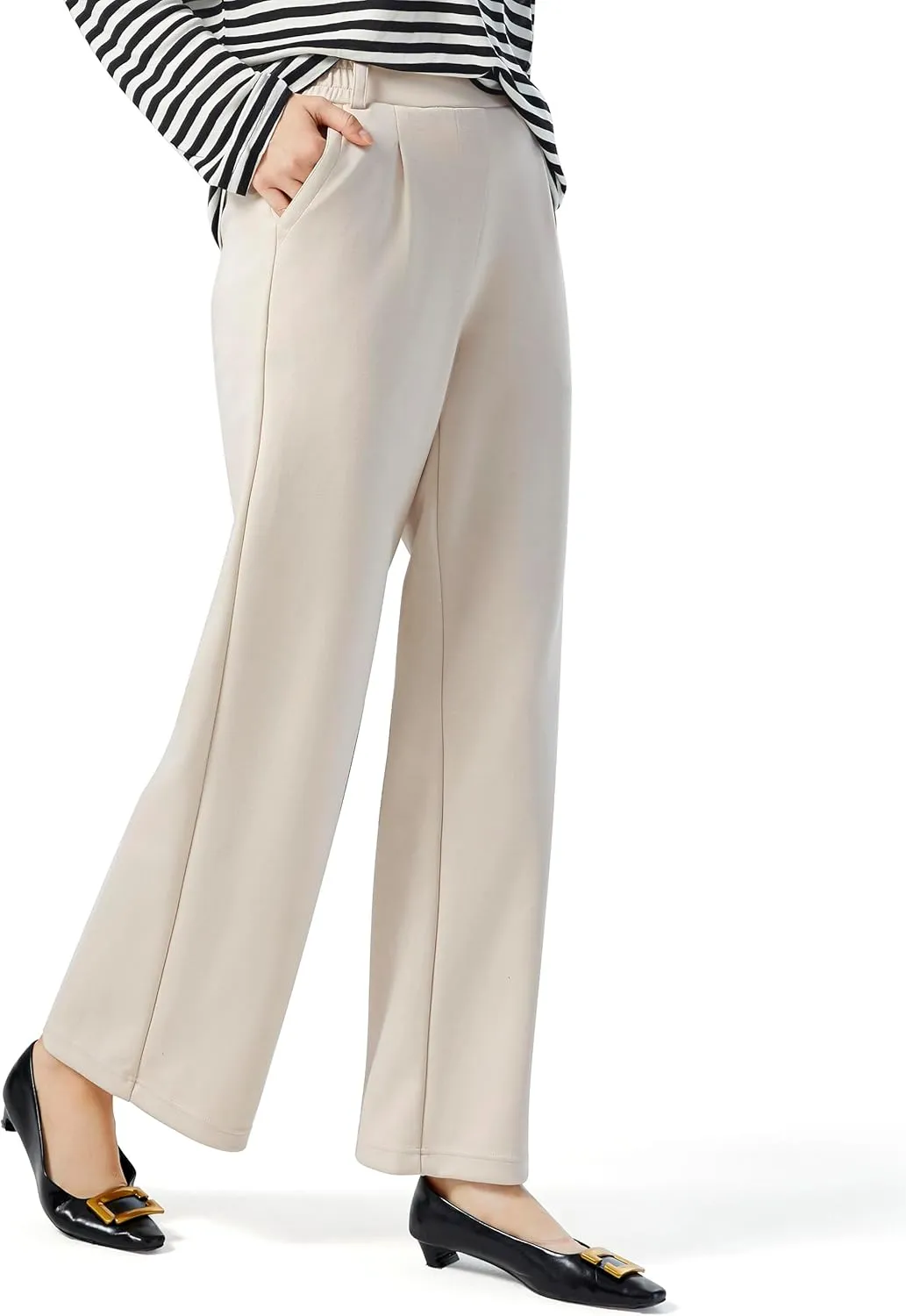 AFITNE Womens Wide Leg Work Pants High Waist Pull On Dress Pants Elastic Waistband Casual Slacks with Thick Fabric