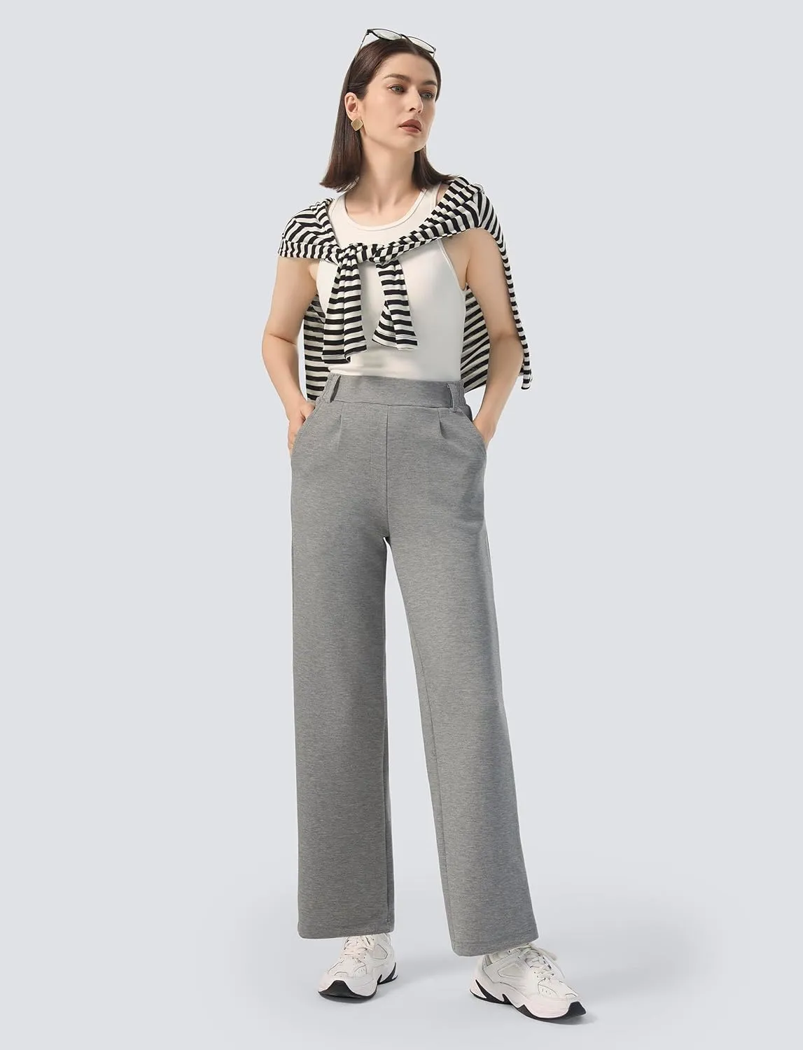 AFITNE Womens Wide Leg Work Pants High Waist Pull On Dress Pants Elastic Waistband Casual Slacks with Thick Fabric