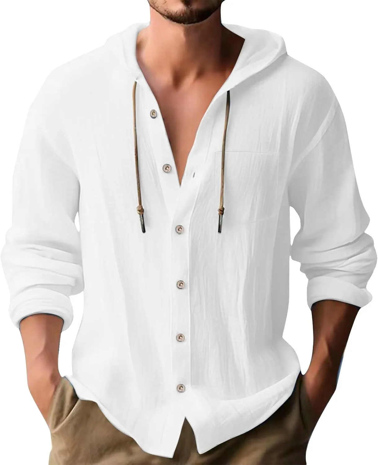 aihihe Linen Shirts for Men Long Sleeve Hooded Pirate Shirt Drawstring Button Down Summer Relaxed Fit Beach Shirt with Pocket