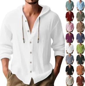 aihihe Linen Shirts for Men Long Sleeve Hooded Pirate Shirt Drawstring Button Down Summer Relaxed Fit Beach Shirt with Pocket