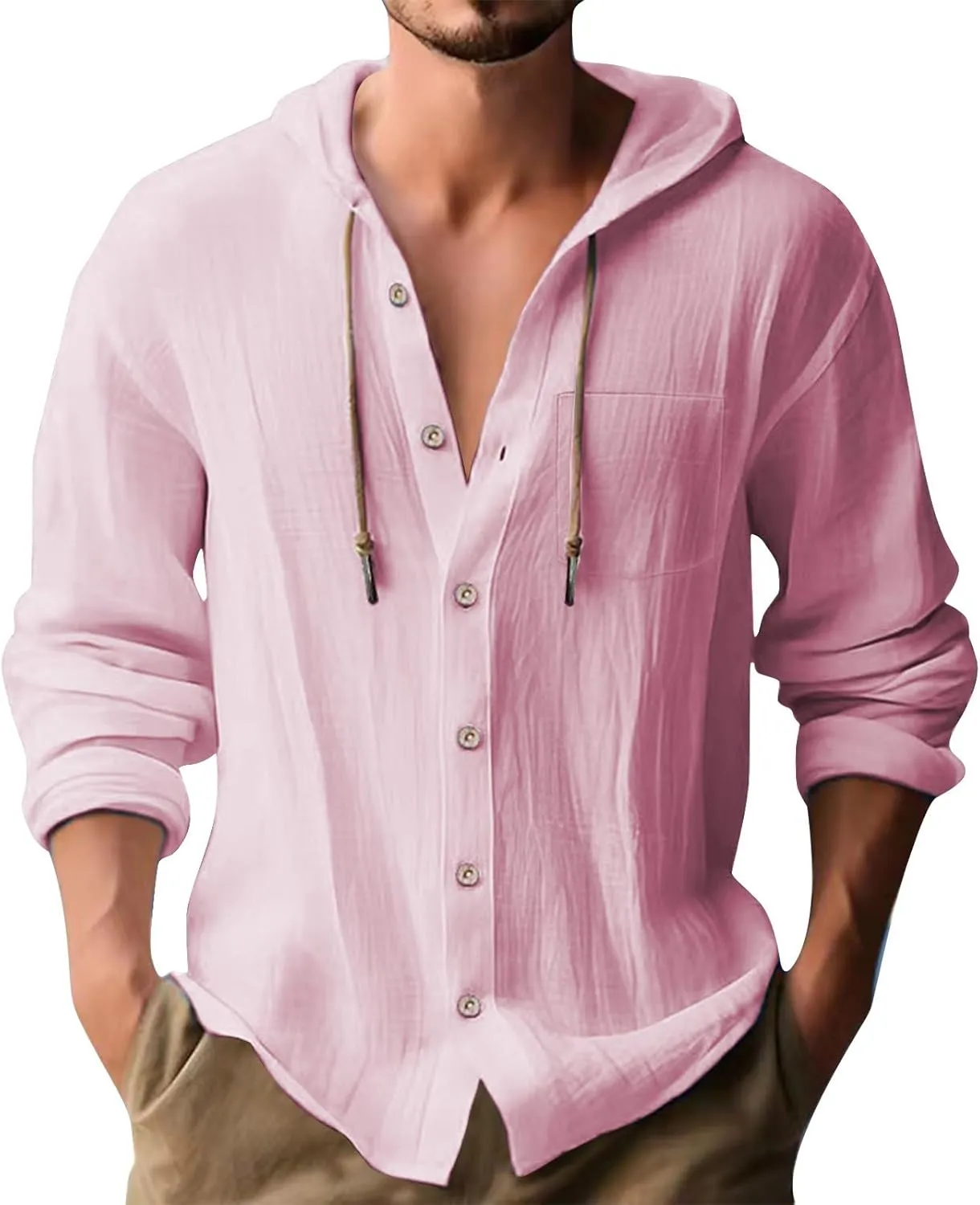 aihihe Linen Shirts for Men Long Sleeve Hooded Pirate Shirt Drawstring Button Down Summer Relaxed Fit Beach Shirt with Pocket