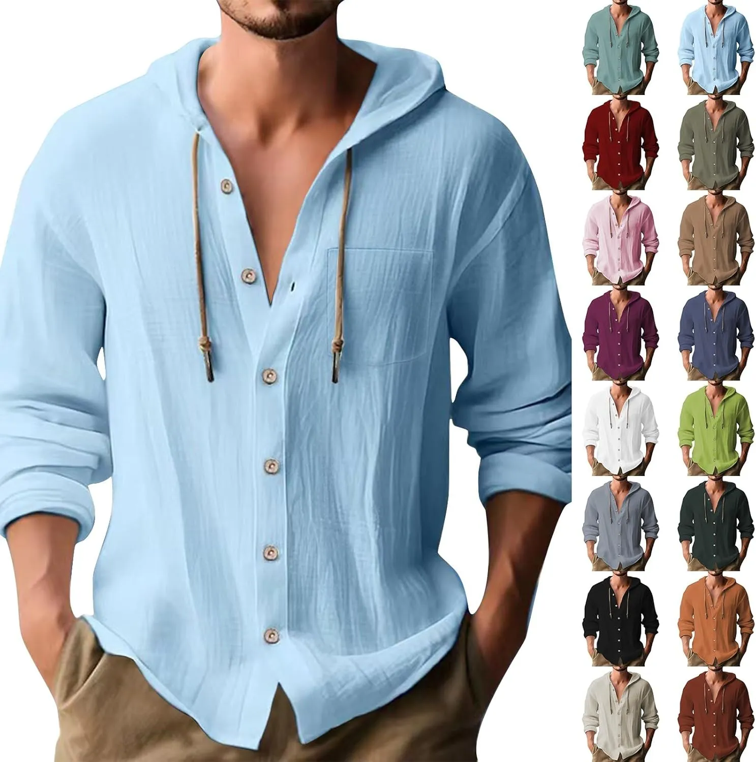 aihihe Linen Shirts for Men Long Sleeve Hooded Pirate Shirt Drawstring Button Down Summer Relaxed Fit Beach Shirt with Pocket