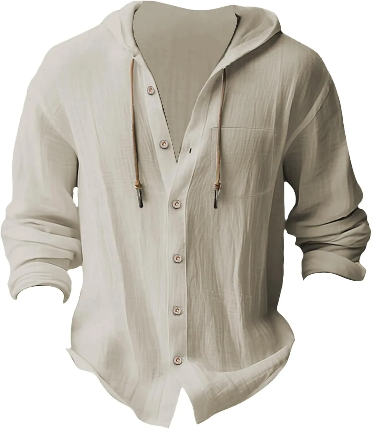 aihihe Linen Shirts for Men Long Sleeve Hooded Pirate Shirt Drawstring Button Down Summer Relaxed Fit Beach Shirt with Pocket