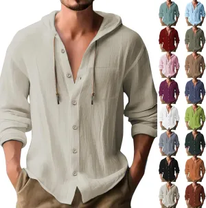 aihihe Linen Shirts for Men Long Sleeve Hooded Pirate Shirt Drawstring Button Down Summer Relaxed Fit Beach Shirt with Pocket