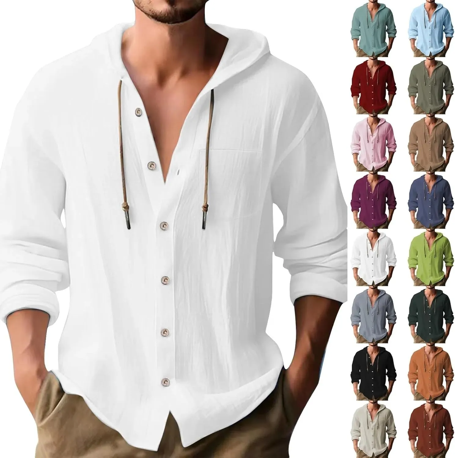 aihihe Linen Shirts for Men Long Sleeve Hooded Pirate Shirt Drawstring Button Down Summer Relaxed Fit Beach Shirt with Pocket