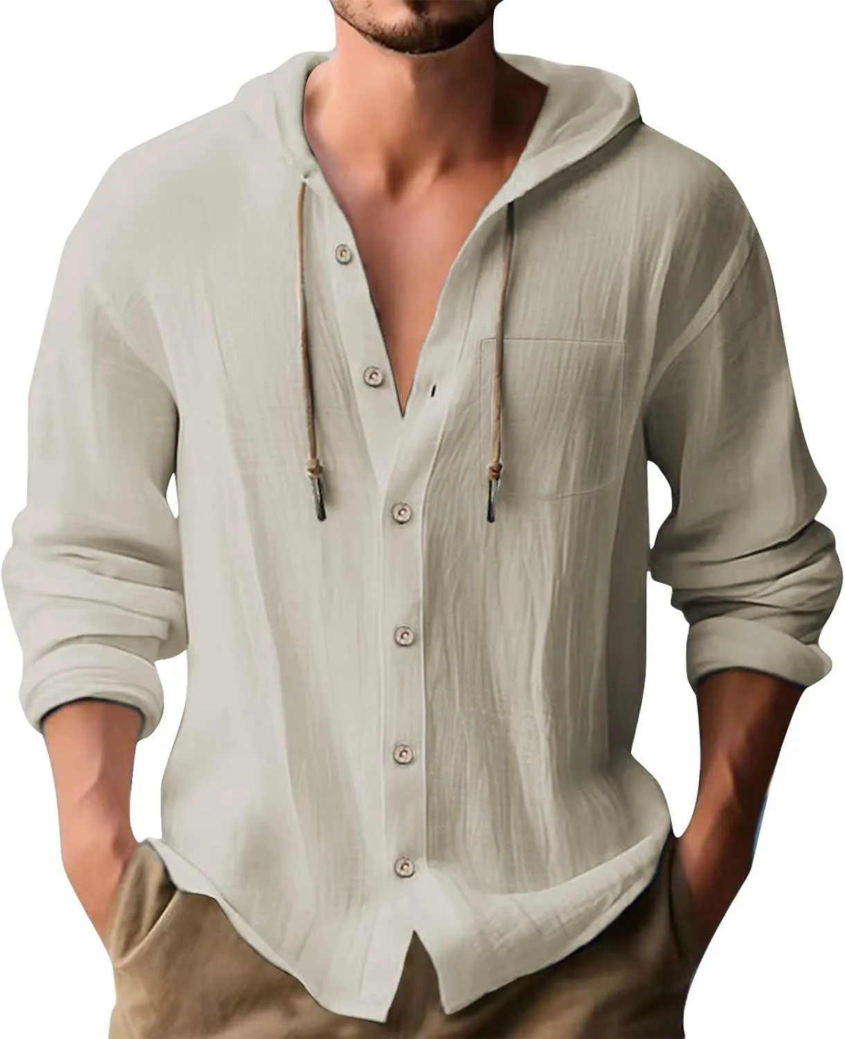 aihihe Linen Shirts for Men Long Sleeve Hooded Pirate Shirt Drawstring Button Down Summer Relaxed Fit Beach Shirt with Pocket