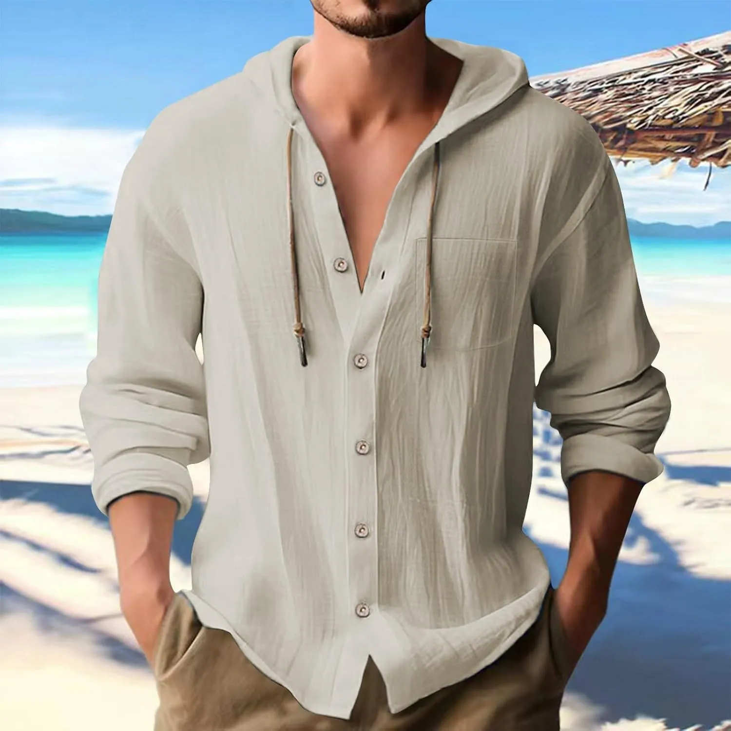 aihihe Linen Shirts for Men Long Sleeve Hooded Pirate Shirt Drawstring Button Down Summer Relaxed Fit Beach Shirt with Pocket