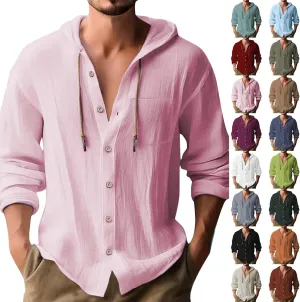 aihihe Linen Shirts for Men Long Sleeve Hooded Pirate Shirt Drawstring Button Down Summer Relaxed Fit Beach Shirt with Pocket