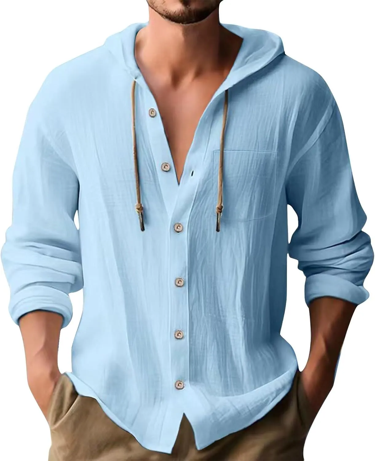 aihihe Linen Shirts for Men Long Sleeve Hooded Pirate Shirt Drawstring Button Down Summer Relaxed Fit Beach Shirt with Pocket