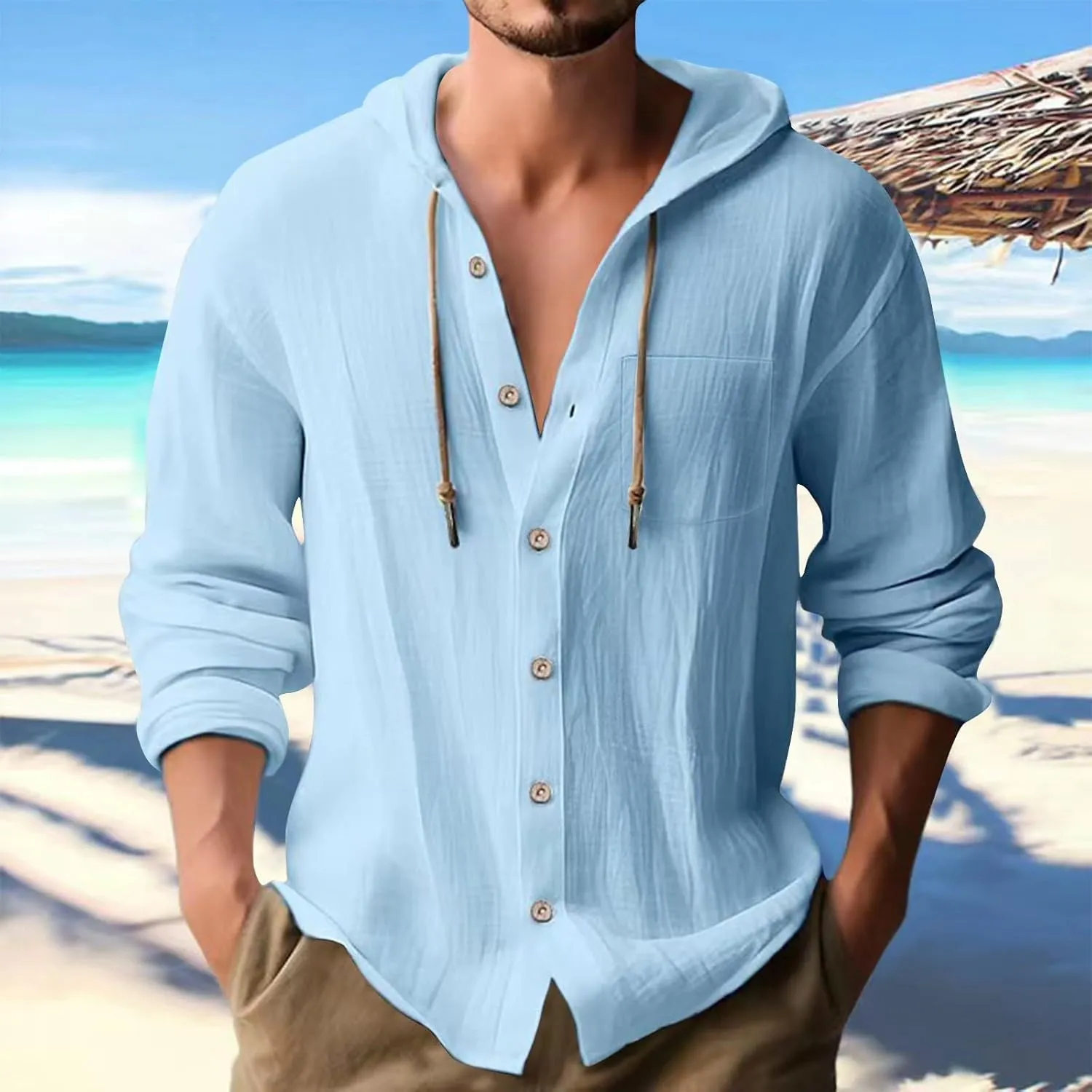 aihihe Linen Shirts for Men Long Sleeve Hooded Pirate Shirt Drawstring Button Down Summer Relaxed Fit Beach Shirt with Pocket