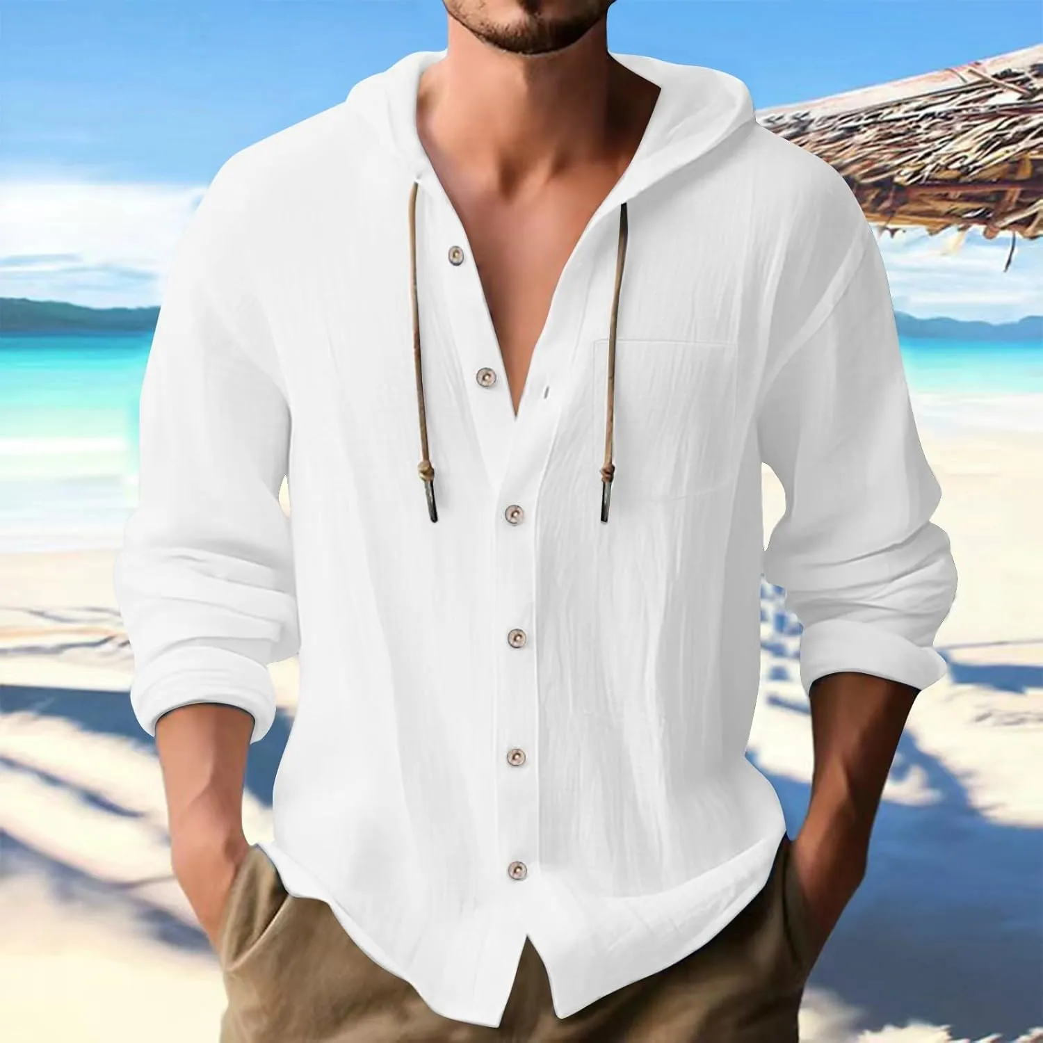 aihihe Linen Shirts for Men Long Sleeve Hooded Pirate Shirt Drawstring Button Down Summer Relaxed Fit Beach Shirt with Pocket