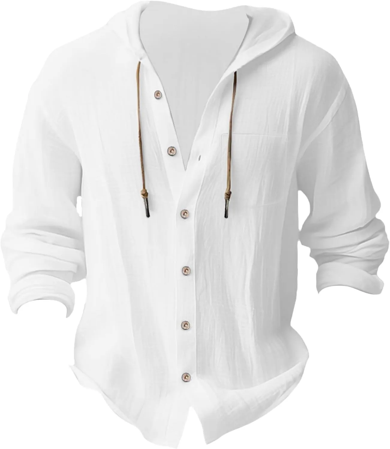 aihihe Linen Shirts for Men Long Sleeve Hooded Pirate Shirt Drawstring Button Down Summer Relaxed Fit Beach Shirt with Pocket