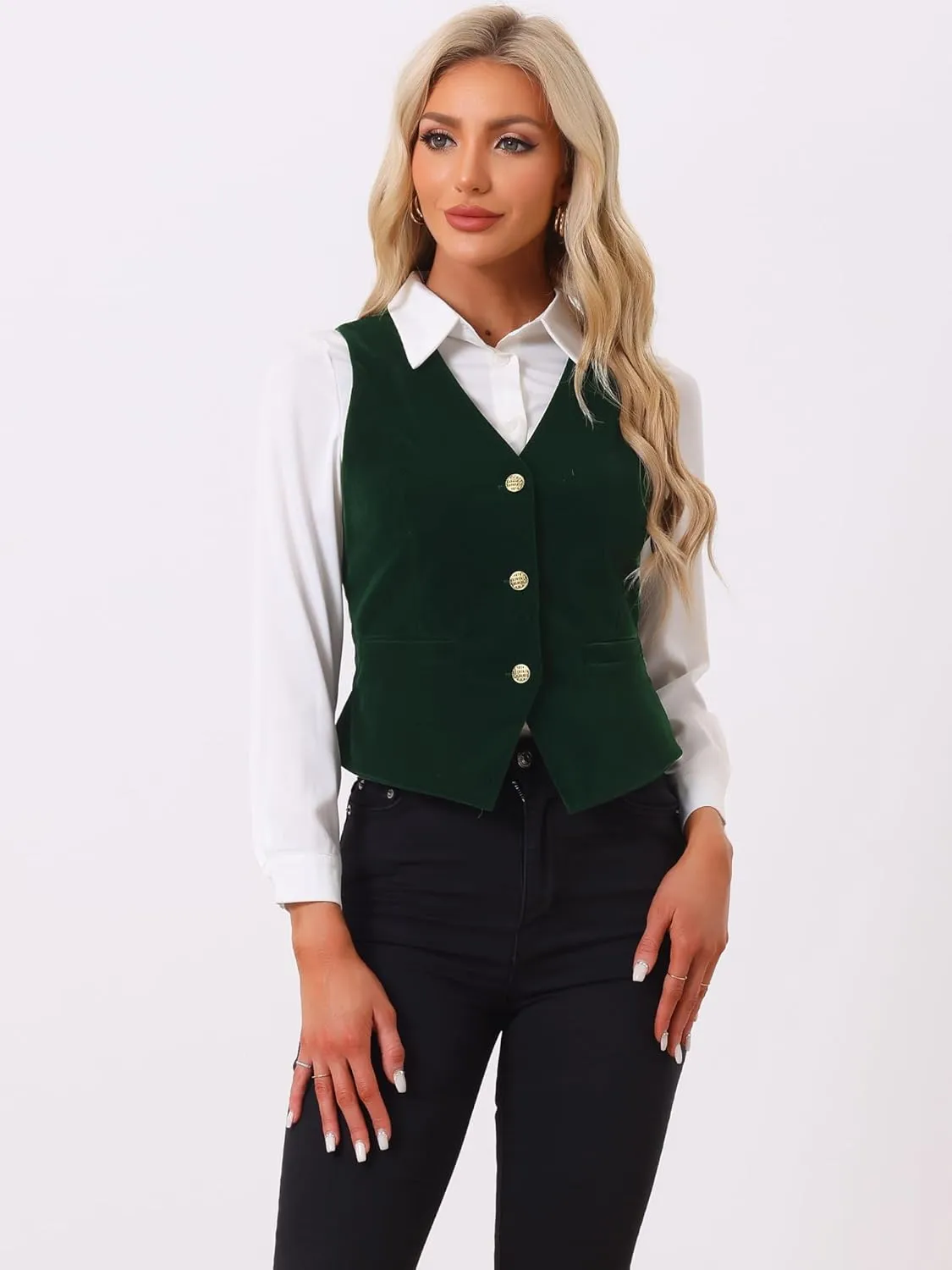 Allegra K Women's Waistcoat Steampunk Velvet Christmas Sleeveless Button Down V-Neck Suit Vests