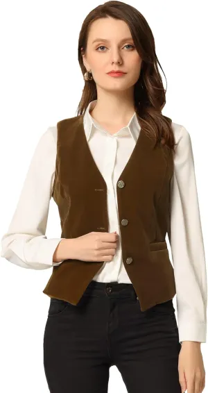 Allegra K Women's Waistcoat Steampunk Velvet Christmas Sleeveless Button Down V-Neck Suit Vests