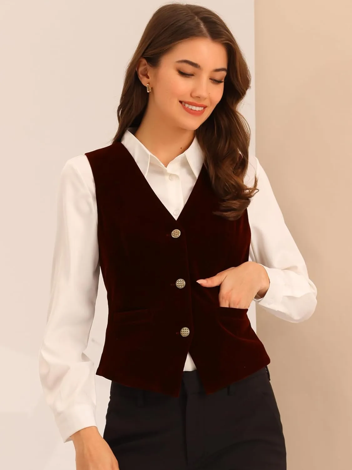 Allegra K Women's Waistcoat Steampunk Velvet Christmas Sleeveless Button Down V-Neck Suit Vests