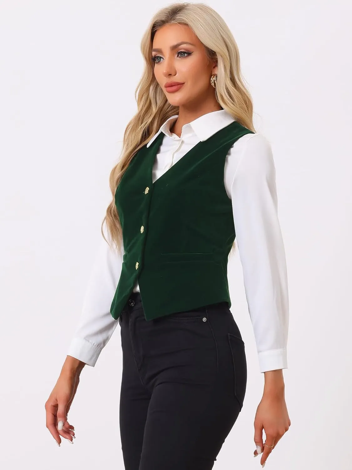 Allegra K Women's Waistcoat Steampunk Velvet Christmas Sleeveless Button Down V-Neck Suit Vests