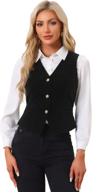 Allegra K Women's Waistcoat Steampunk Velvet Christmas Sleeveless Button Down V-Neck Suit Vests