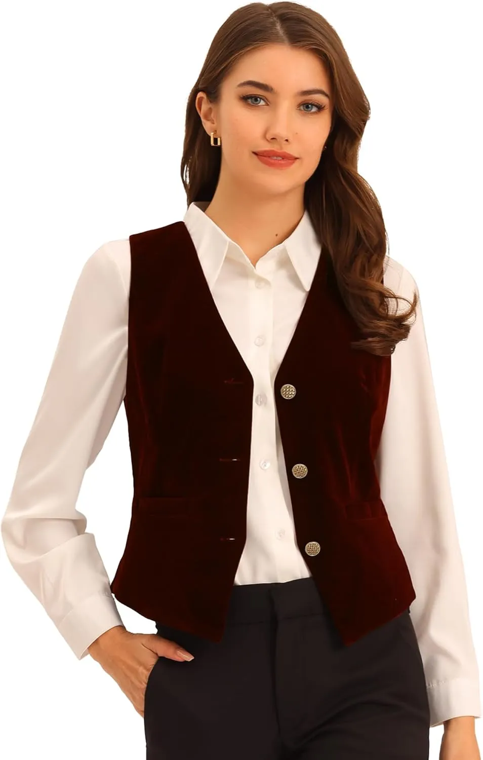 Allegra K Women's Waistcoat Steampunk Velvet Christmas Sleeveless Button Down V-Neck Suit Vests