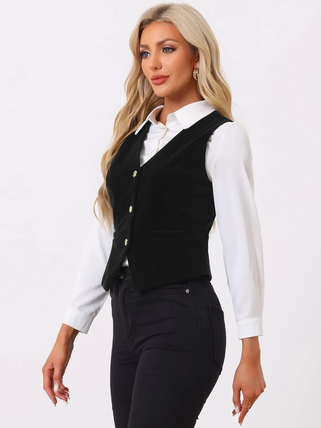 Allegra K Women's Waistcoat Steampunk Velvet Christmas Sleeveless Button Down V-Neck Suit Vests