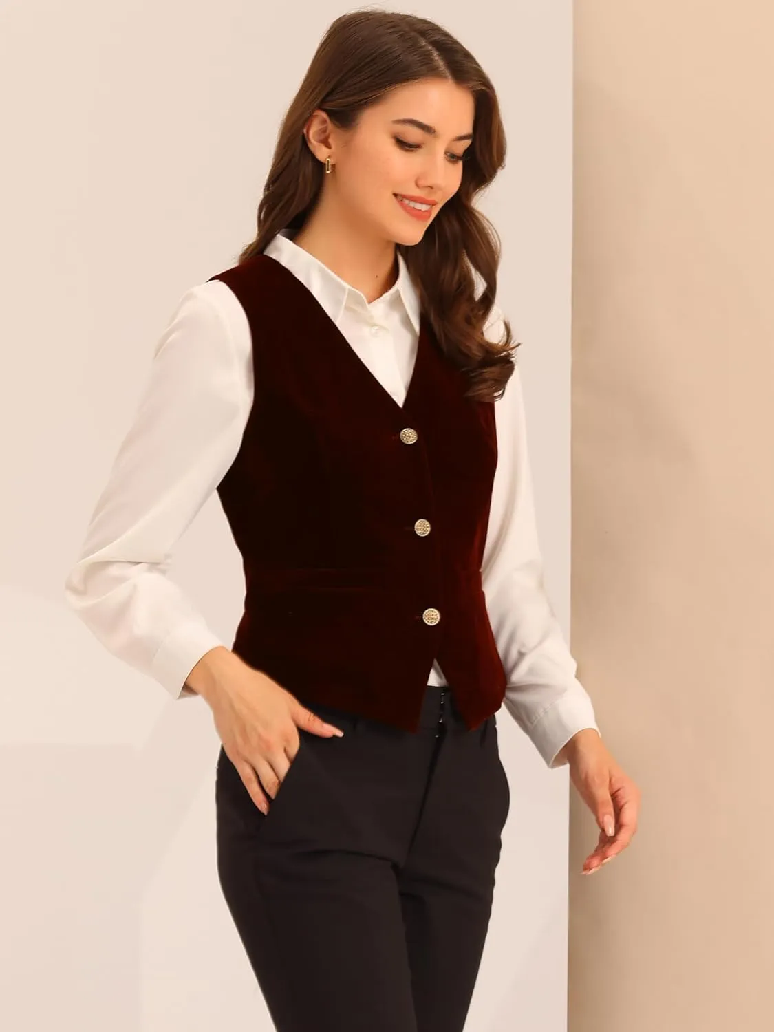 Allegra K Women's Waistcoat Steampunk Velvet Christmas Sleeveless Button Down V-Neck Suit Vests