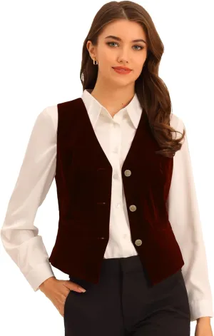 Allegra K Women's Waistcoat Steampunk Velvet Christmas Sleeveless Button Down V-Neck Suit Vests