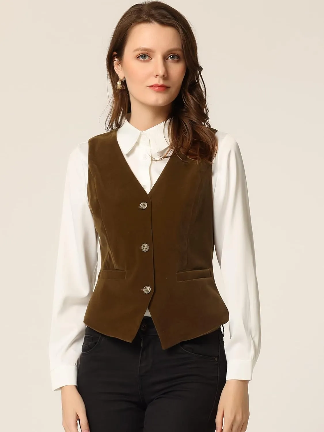 Allegra K Women's Waistcoat Steampunk Velvet Christmas Sleeveless Button Down V-Neck Suit Vests