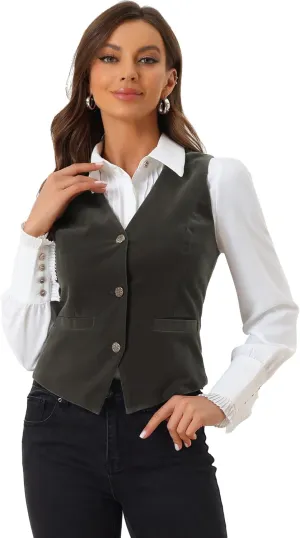Allegra K Women's Waistcoat Steampunk Velvet Christmas Sleeveless Button Down V-Neck Suit Vests