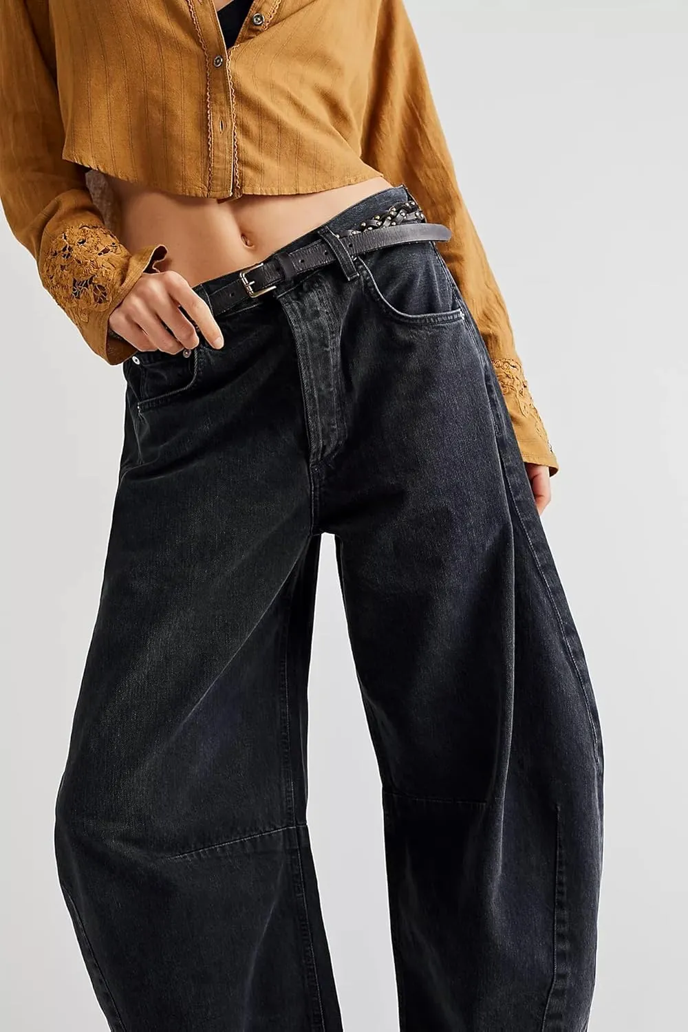 Allimy Womens Jeans Mid High Waisted Wide Leg Cut Horseshoe Baggy Raw Hem Jeans for Women Trendy 2025 Denim Pants