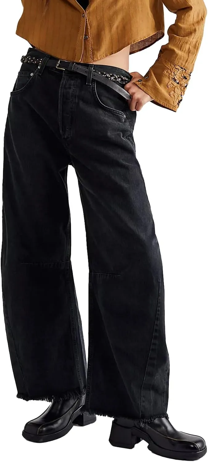 Allimy Womens Jeans Mid High Waisted Wide Leg Cut Horseshoe Baggy Raw Hem Jeans for Women Trendy 2025 Denim Pants