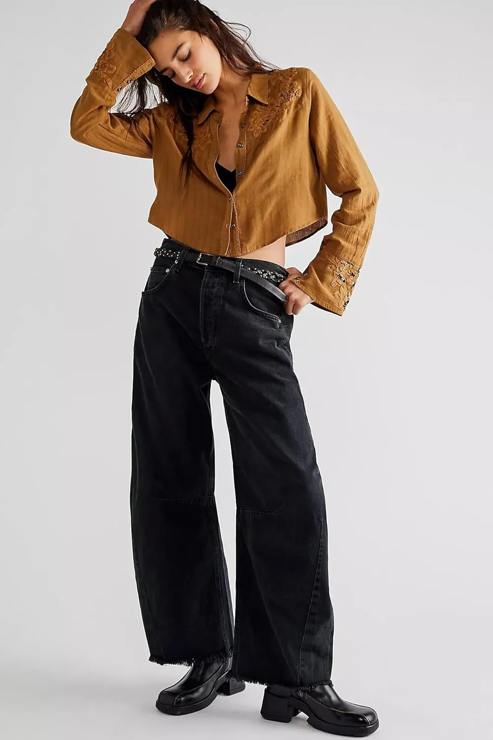 Allimy Womens Jeans Mid High Waisted Wide Leg Cut Horseshoe Baggy Raw Hem Jeans for Women Trendy 2025 Denim Pants