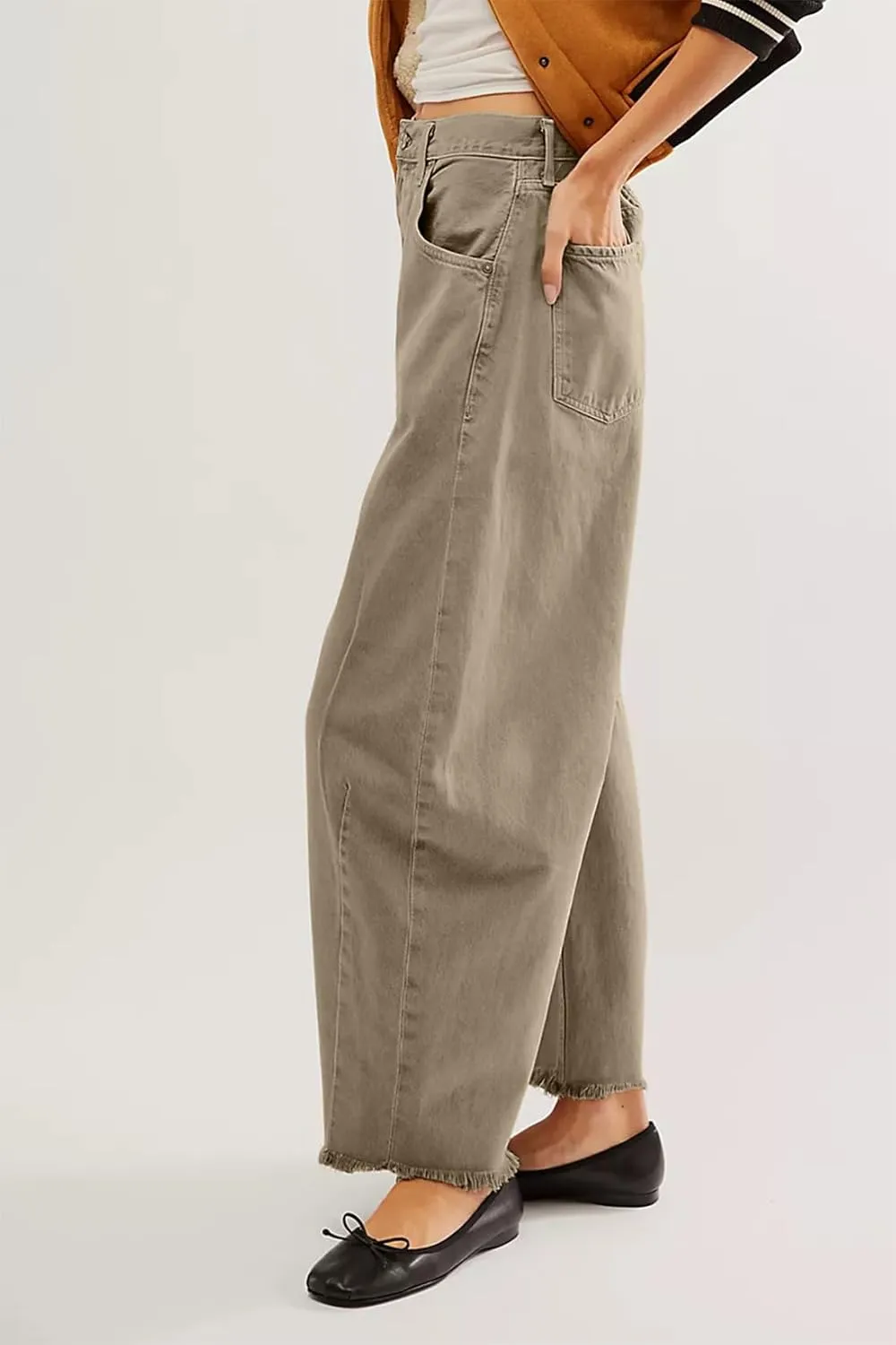 Allimy Womens Jeans Mid High Waisted Wide Leg Cut Horseshoe Baggy Raw Hem Jeans for Women Trendy 2025 Denim Pants